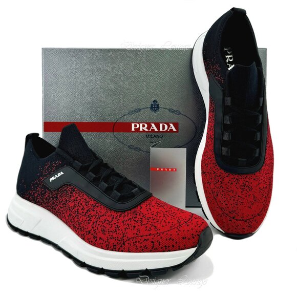 NEW PRADA Men's Knit 2 Red Black Textile Low Top Logo Sneakers UK 10 / US 11 - Picture 6 of 12